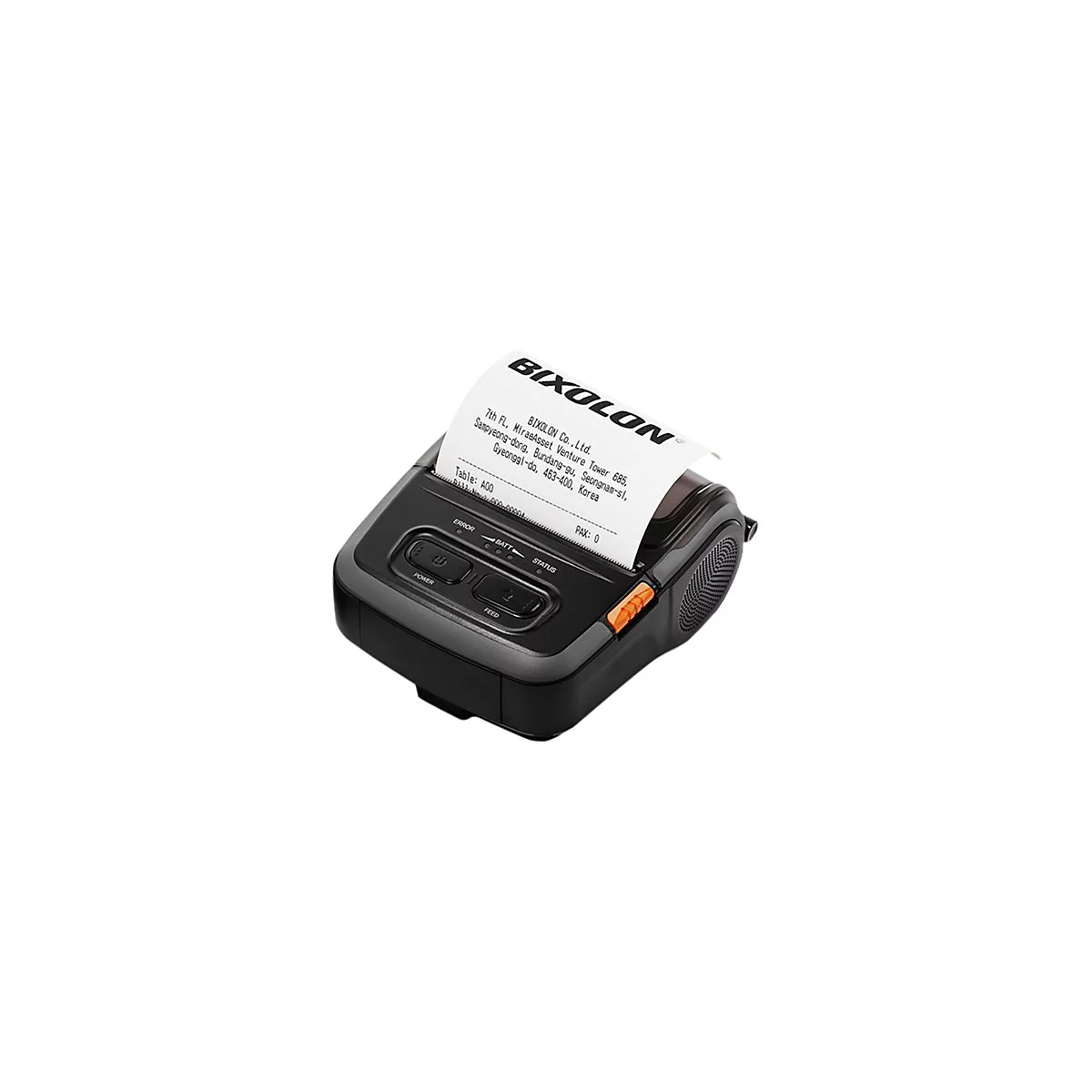 Tragbarer Thermodrucker mit gedrucktem Beleg. Auf dem Beleg stehen Details zum Unternehmen BIXOLON. Mit den Knöpfen Power und Feed.
