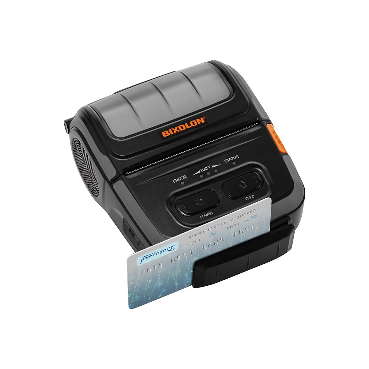 Imprimante mobile noire avec une carte de crédit insérée dans une fente. La marque "BIXOLON" est visible.