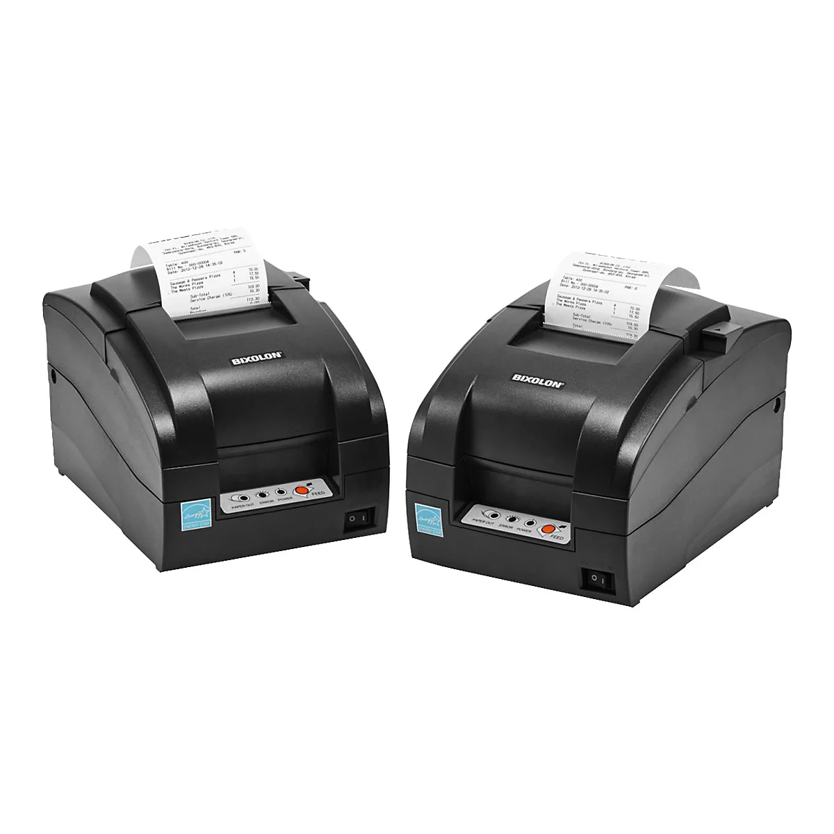 Zwei schwarze Bixolon-Thermodrucker. Auf jedem Drucker ist ein Kassenbon sichtbar.