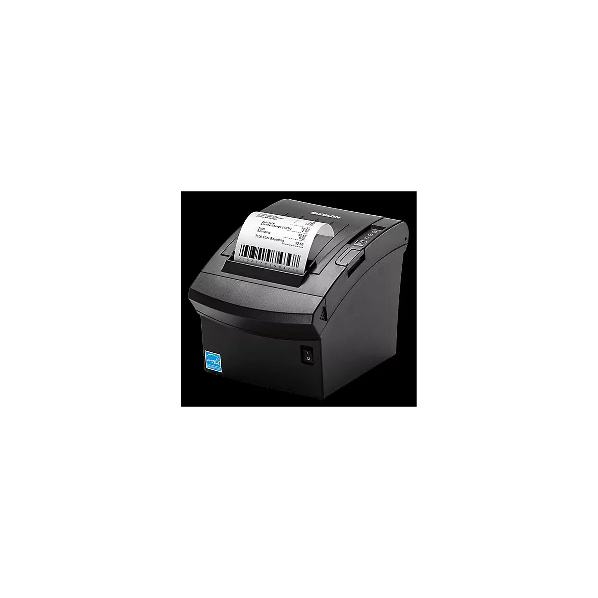 Schwarzer Bixolon-Thermodrucker mit Kassenzettel, Energie-Label. Der Drucker druckt, Schrift und Barcode sichtbar.