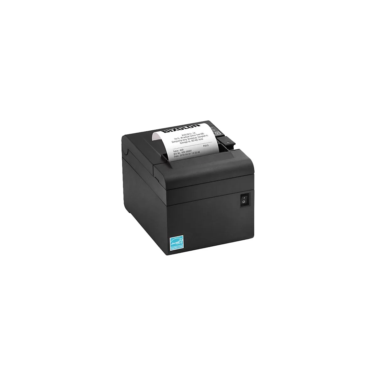 Schwarzer Belegdrucker mit ausgedrucktem Beleg. Auf dem Drucker ist das Energy Star Logo abgebildet.