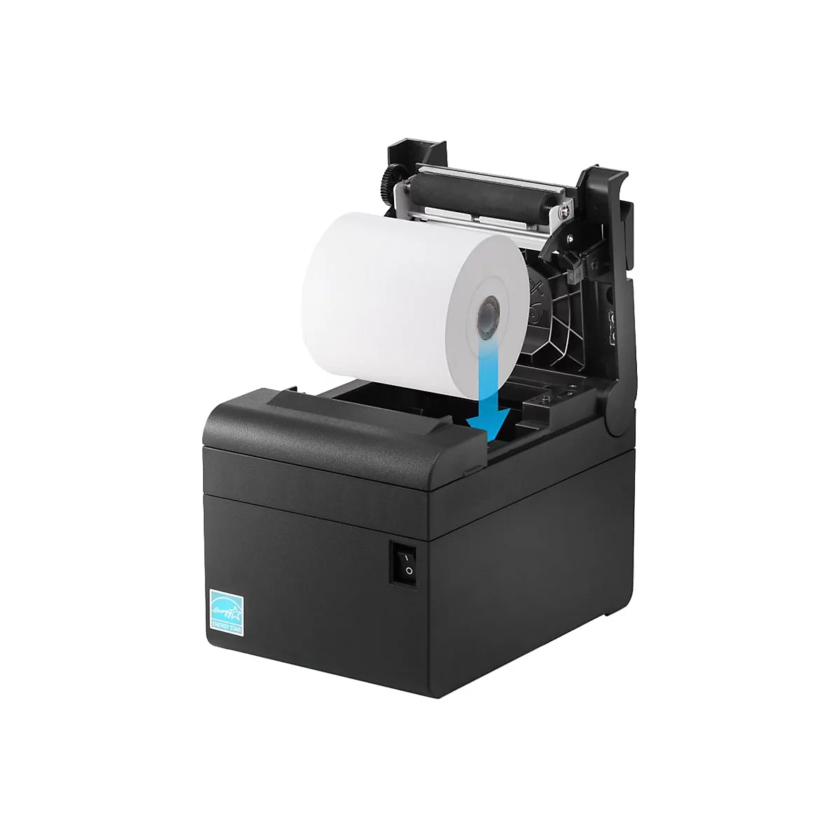 Schwarzer Thermodrucker mit Papierrolle, blaue Pfeil-Illustration, Energystar-Logo.