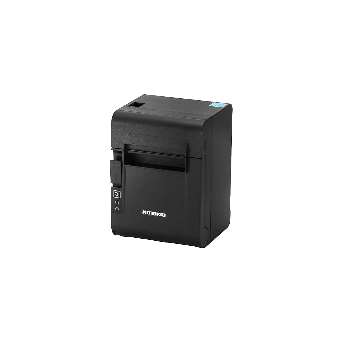 Schwarzer Bixolon-Thermodrucker. Auf der Vorderseite sind die Marke und Bedienelemente zu sehen.