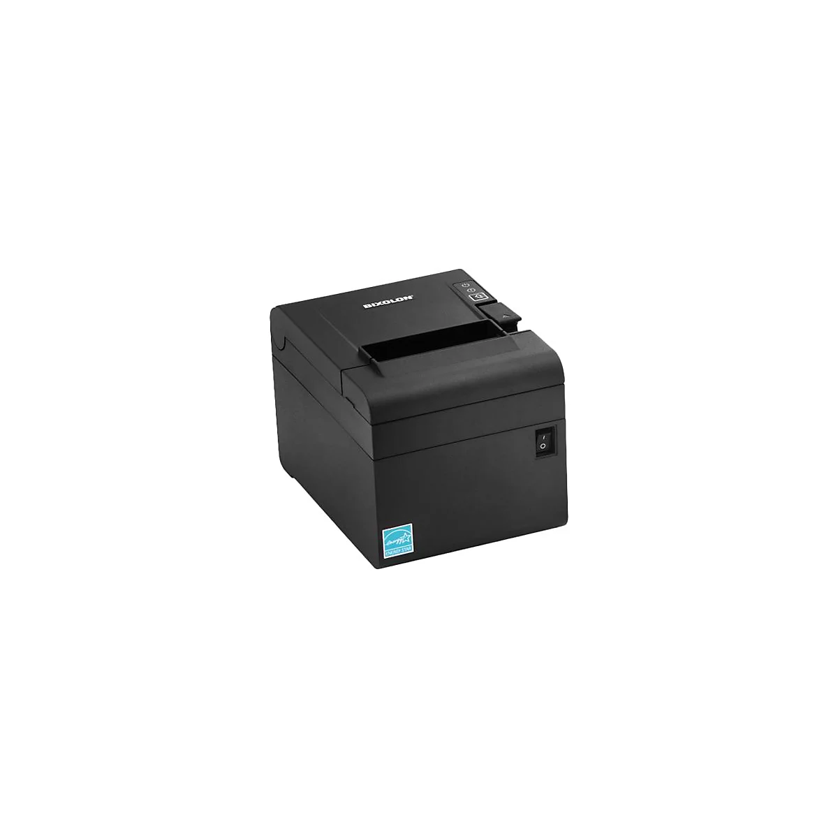 Schwarzer Bixolon-Thermodrucker. Auf der Oberseite befinden sich Knöpfe. An der Seite ist ein Netzschalter.