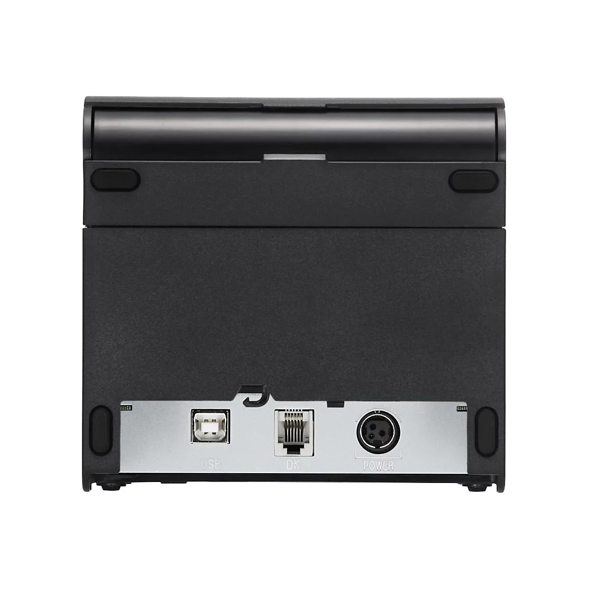 Draufsicht auf einen schwarzen Thermodrucker mit USB, DK und Power Anschlüssen.