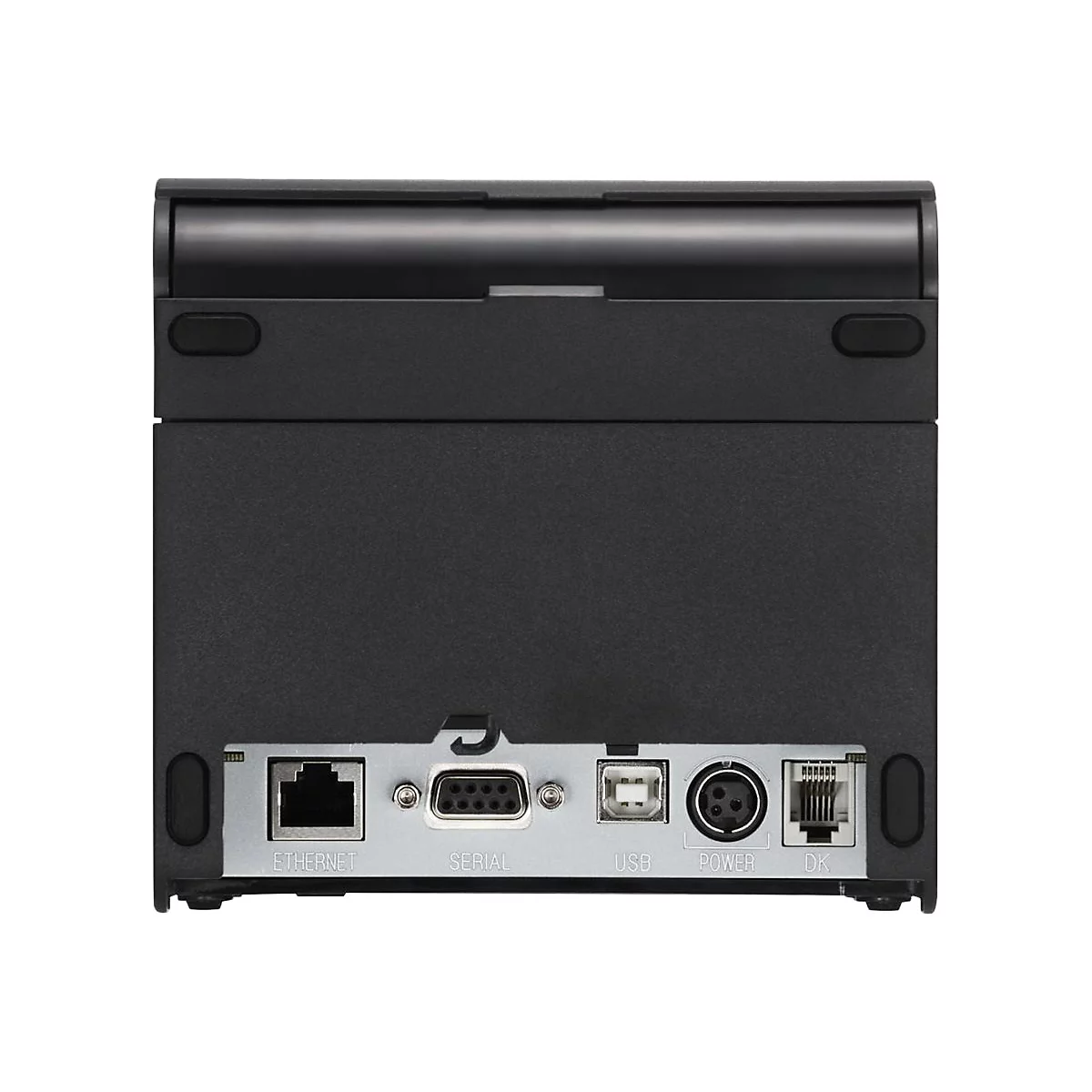 Rückansicht eines schwarzen Thermodruckers, mit Anschlüssen für Ethernet, seriell, USB, Strom und DK.
