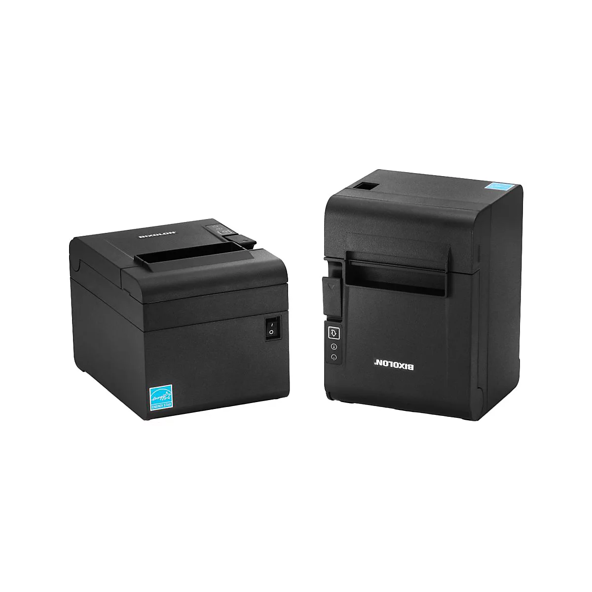 Zwei schwarze Bixolon-Thermodrucker nebeneinander. Links ist ein kleinerer Drucker mit Energiesparlogo.