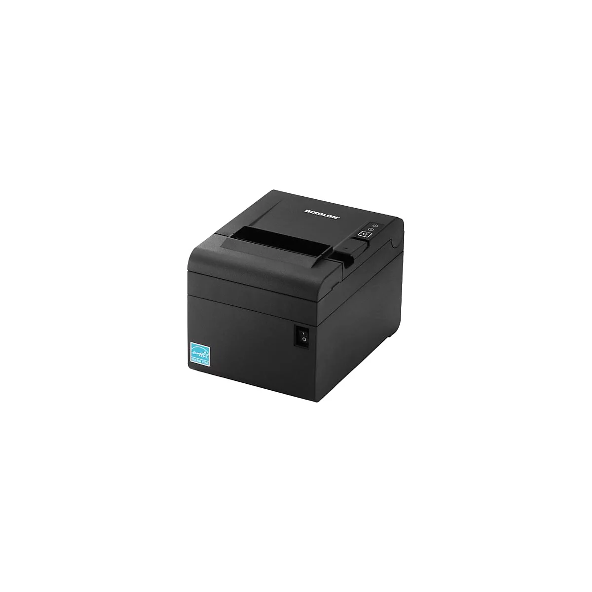 Imprimante thermique Bixolon noire ; logo, interrupteur d'alimentation, logo Energy Star.
