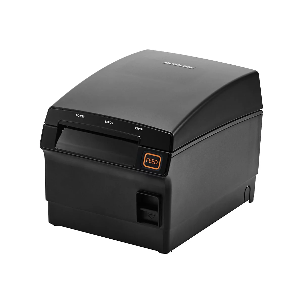Imprimante thermique noire avec panneau de commande et inscriptions : Power, Error, Paper, Feed.