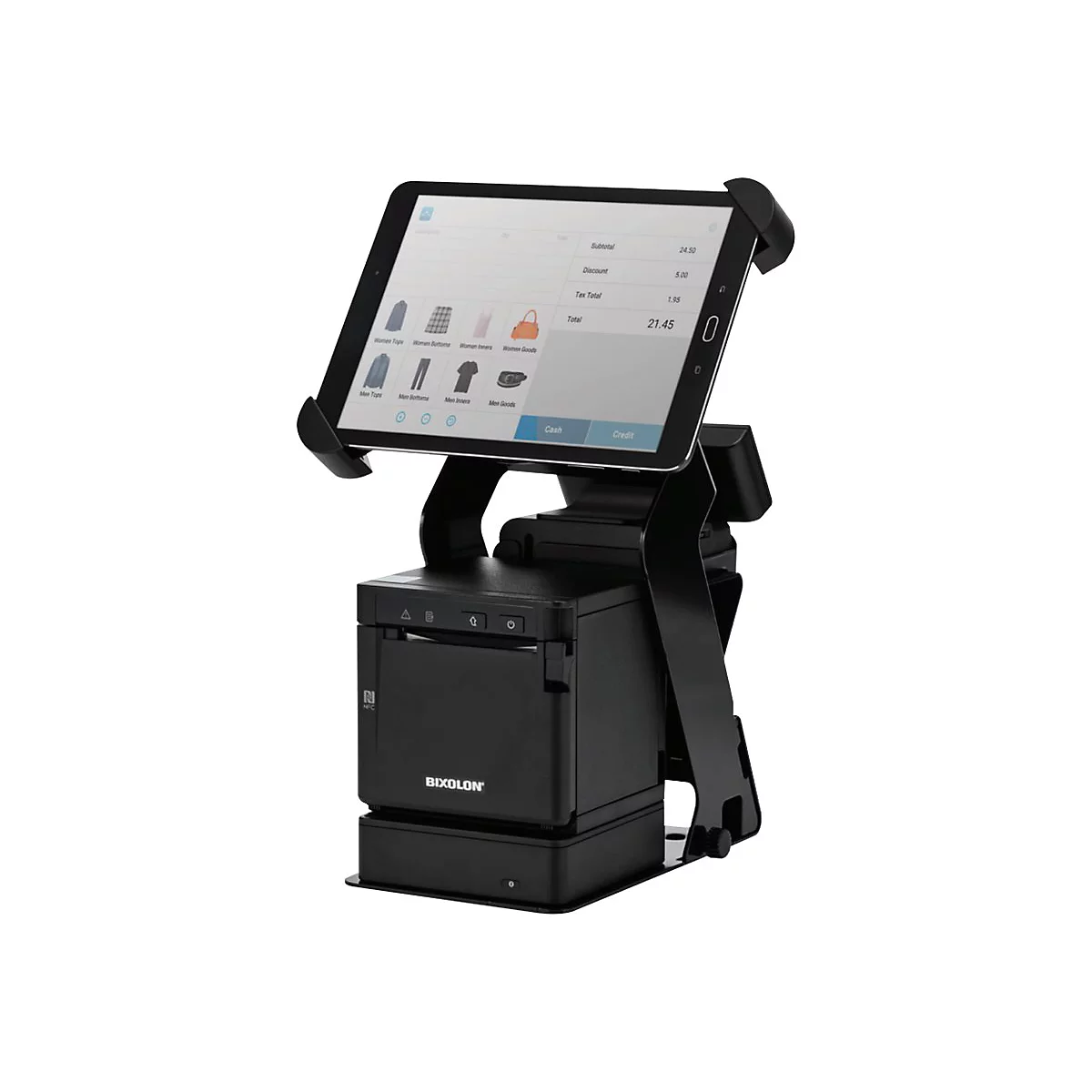 Schwarzes Kassensystem mit Tablet. Auf dem Display sind Produktkategorien und ein Gesamtbetrag von 21,45 Euro zu sehen. Unten ist der Drucker mit dem Markenlogo BIXOLON.