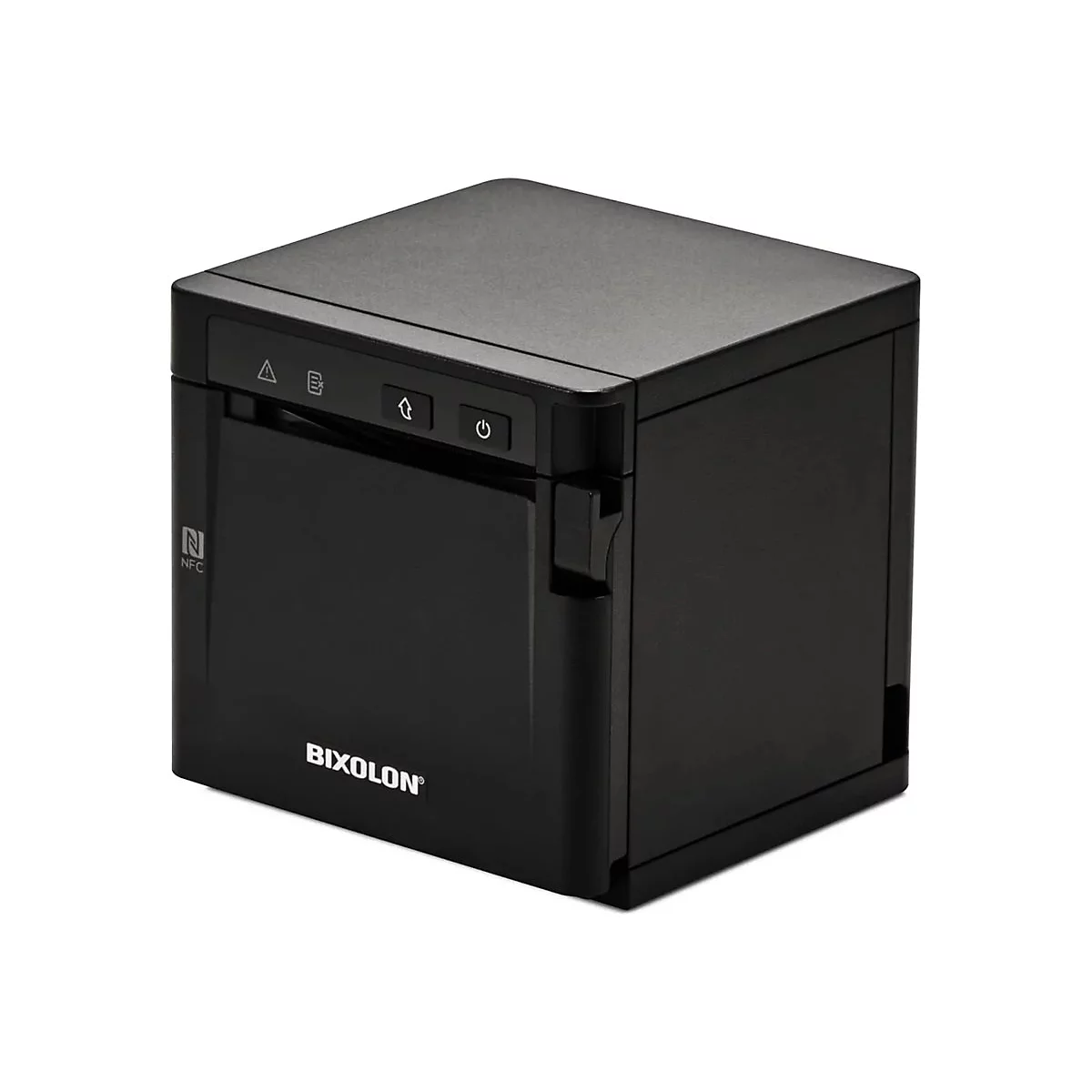 Imprimante thermique Bixolon noire. Avant : logo, symbole NFC. Dessus : boutons et symboles. Forme rectangulaire.