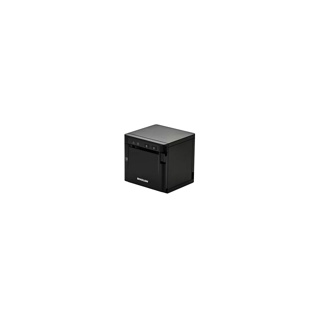 Schwarzer Drucker mit den Logos BIXOLON und NFC. Oben befinden sich drei Knöpfe und Symbole. Rechteckiger Kasten, isoliert auf weißem Hintergrund.