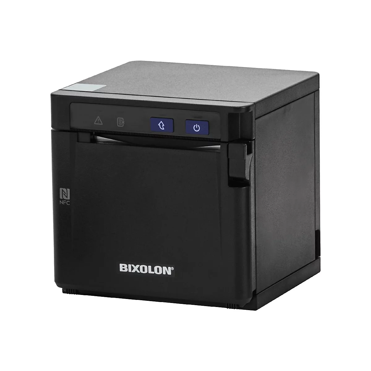Imprimante thermique Bixolon noire. Sur le devant : logo NFC, logo Bixolon et trois boutons bleus.
