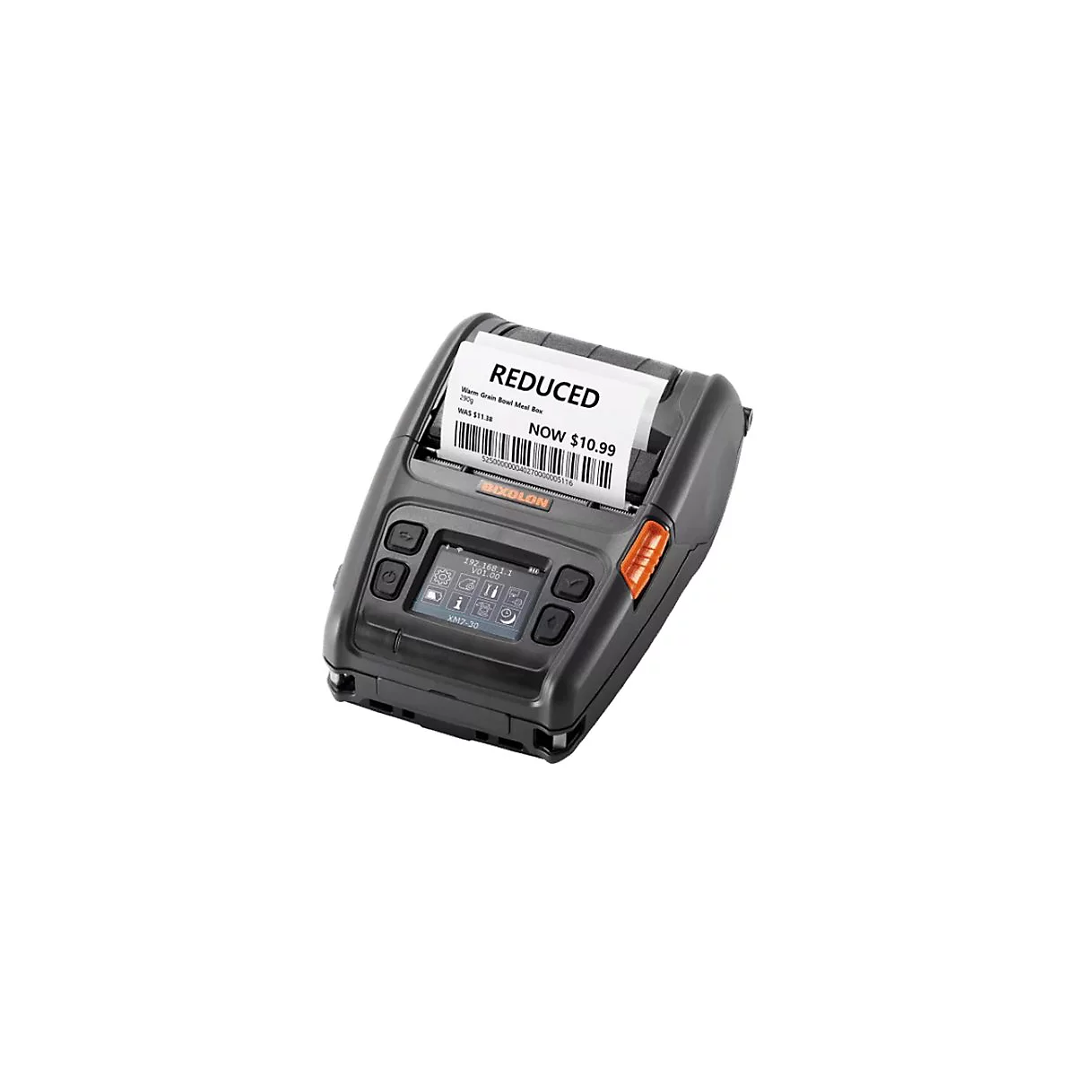 Imprimante de reçus mobile noire et grise, avec une étiquette indiquant 'RÉDUIT' et un prix.