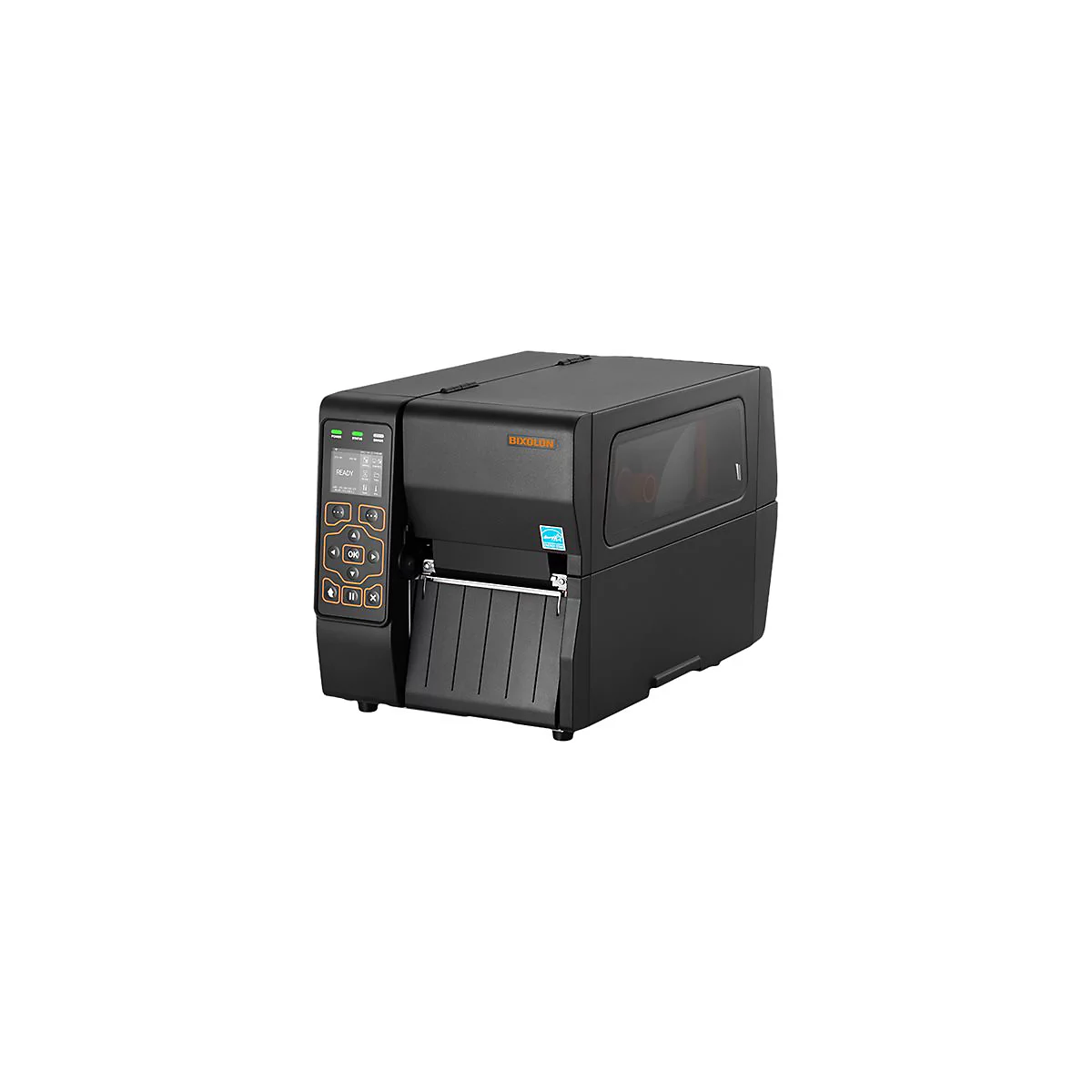 Schwarzer Etikettendrucker mit Display und Bedienelementen, Marke BIXOLON. Vor weißem Hintergrund.