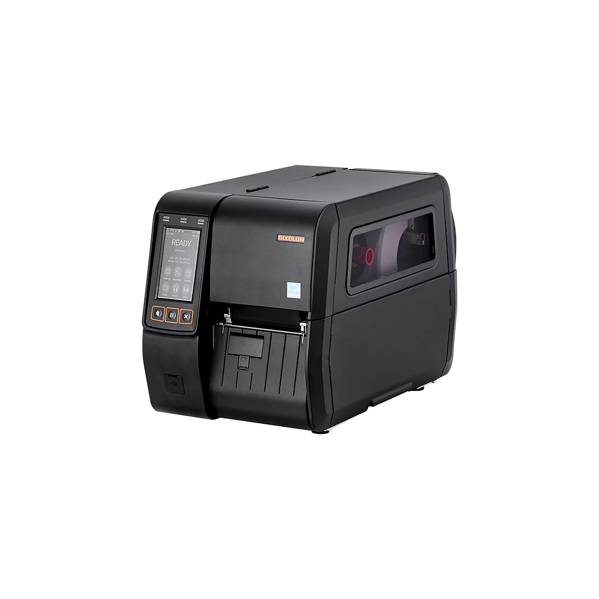 Schwarzer Etikettendrucker mit LCD-Bildschirm und der Aufschrift "READY".