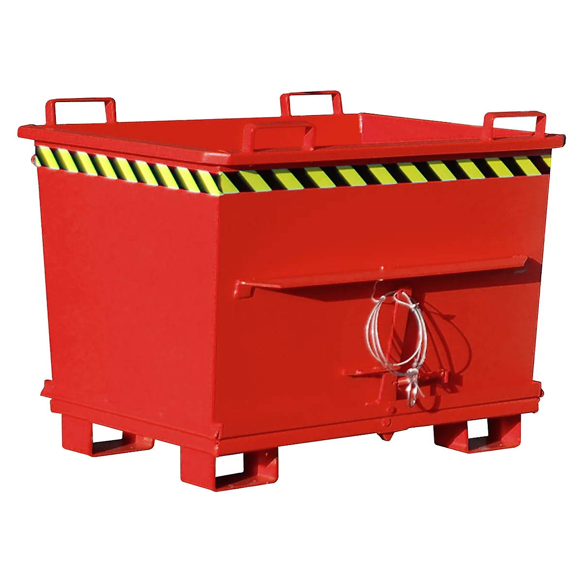 Red metal container with yellow and black warning tape, handles, and safety rope. The container stands on four legs.