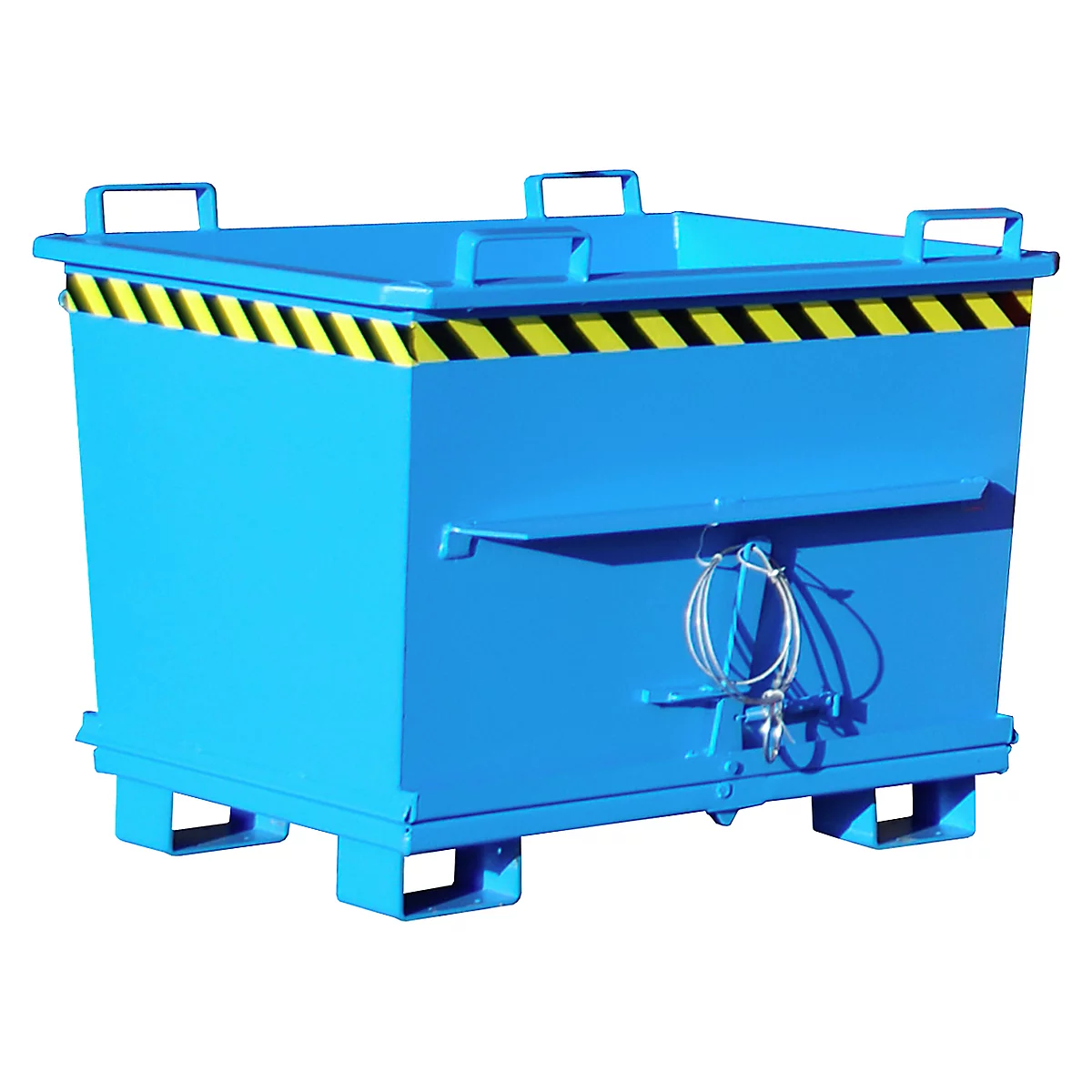 Blue metal container with yellow and black warning stripes. Lid with handles and safety lock.