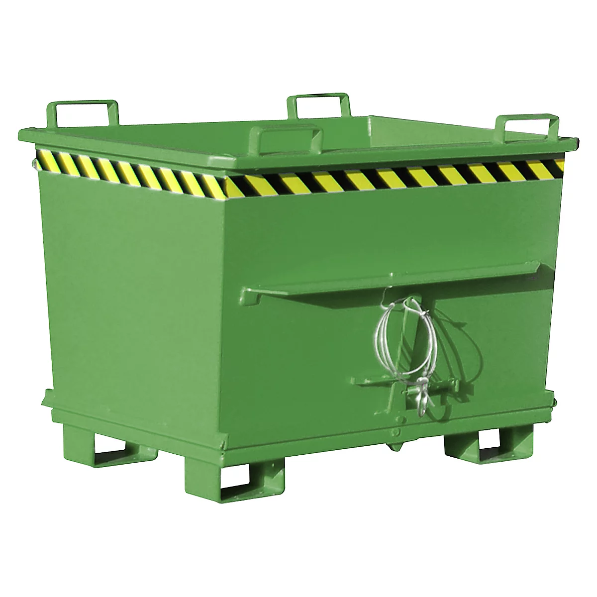 Green metal box, top marked yellow and black. Handles on the sides, with wire rope to open.