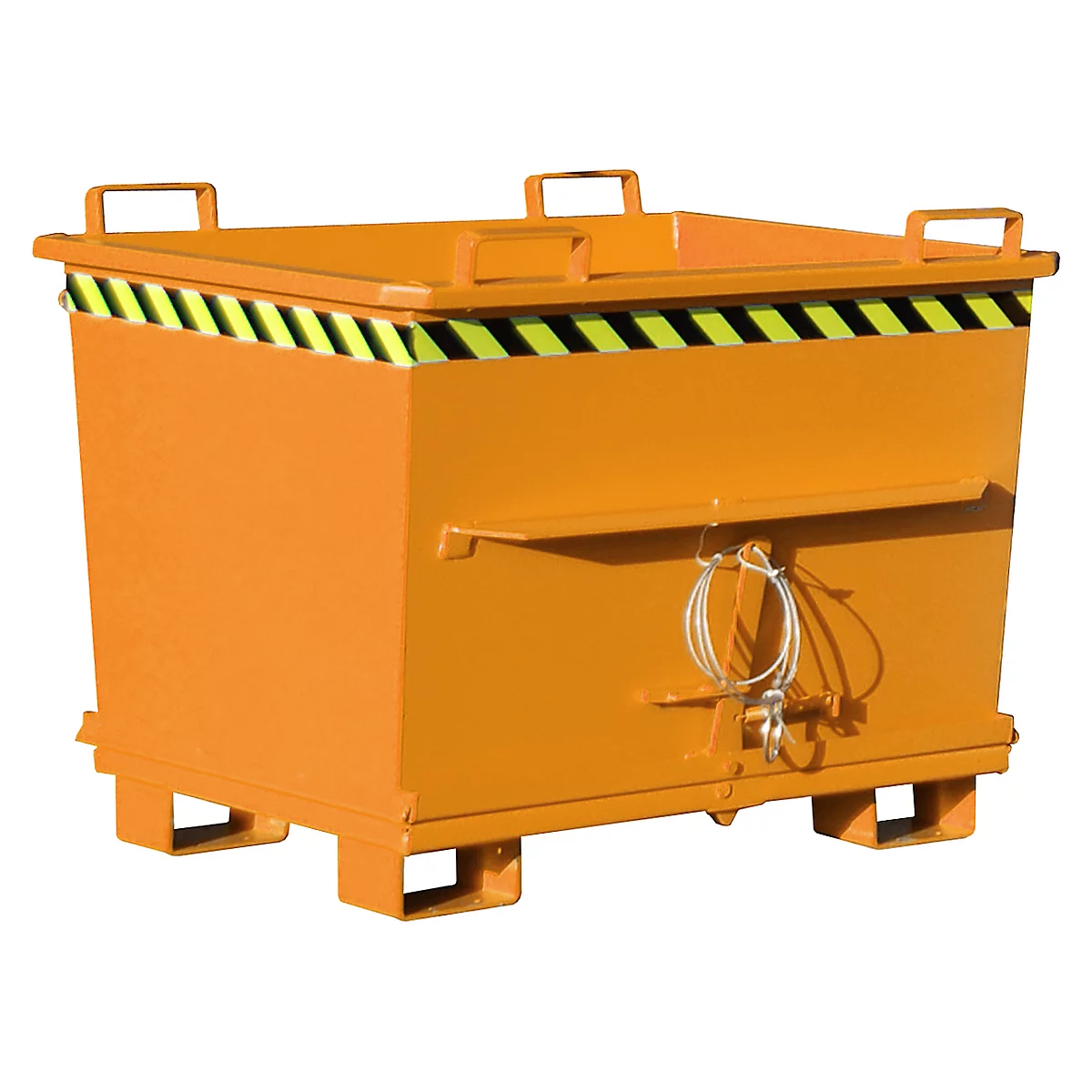 Orange metal container with yellow and black warning stripes, lid with handles. Sturdy construction, on feet.