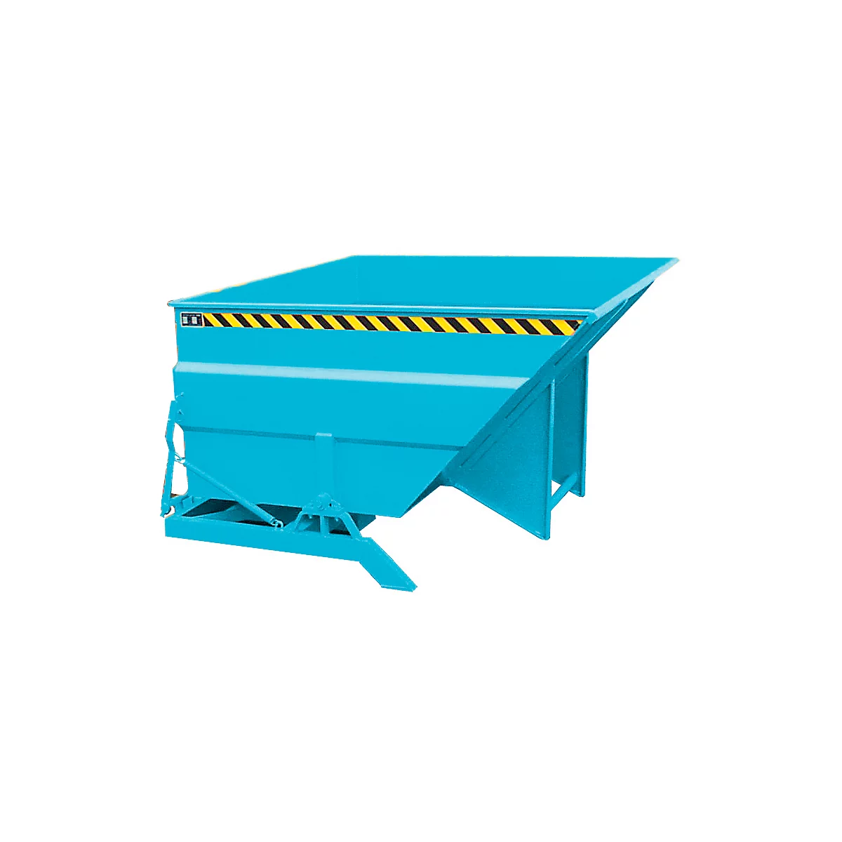 Turquoise tipping skip. Yellow and black warning stripe on top edge. Tipping device at the bottom.