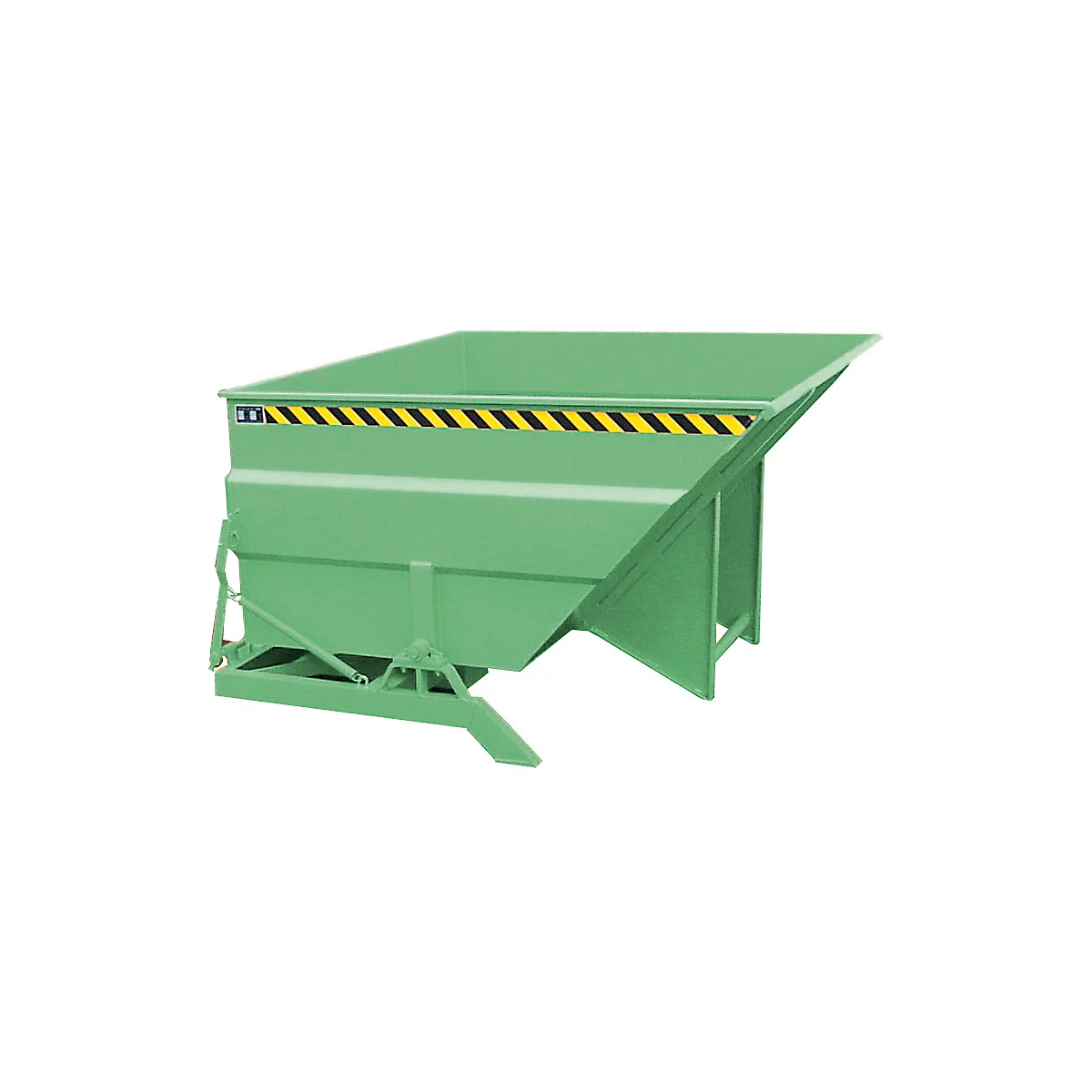 Green tipping container with yellow and black warning stripes. The metal construction stands on a frame.