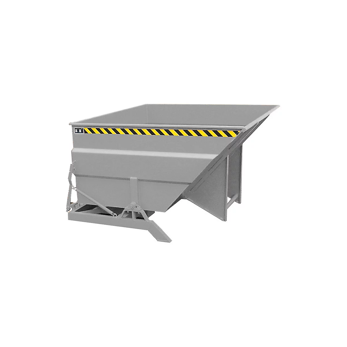 Gray rectangular tipping container with yellow and black warning tape at the top.