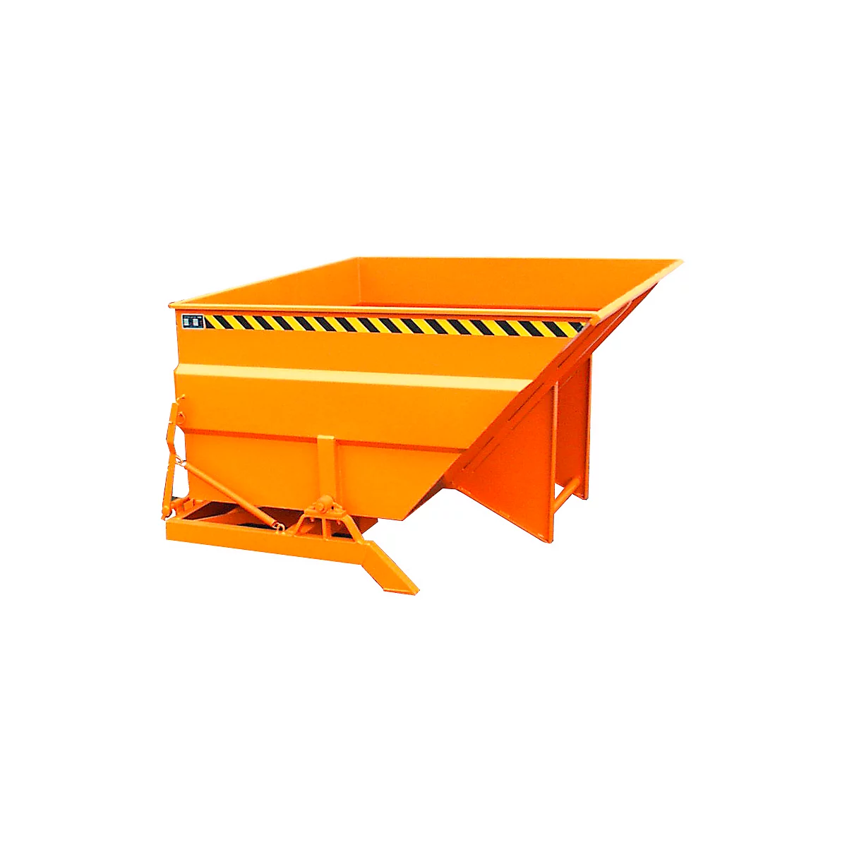 Orange container with black and yellow warning stripes, against a white background.