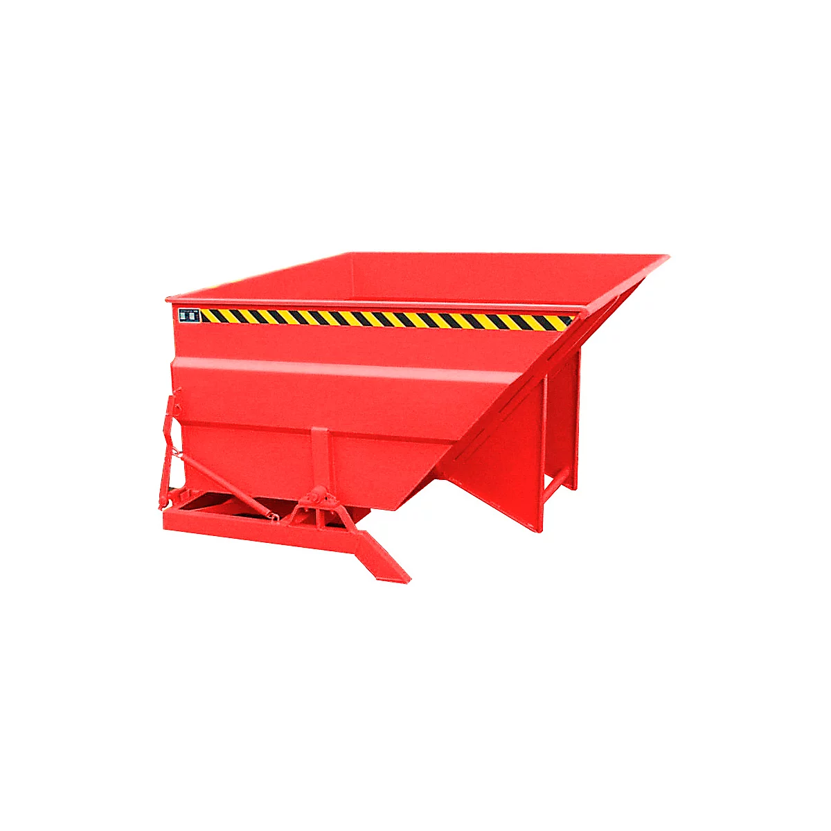 Red tipping skip with yellow and black warning markings. The sides are angled and the construction is mounted on a frame.