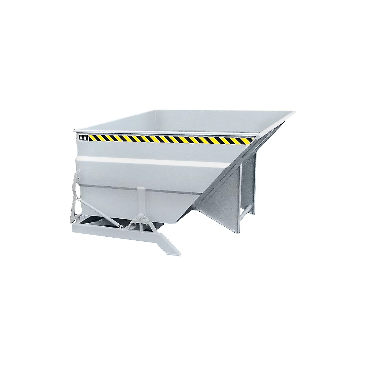 Gray tipping skip with black and yellow warning stripes. It stands on a frame.