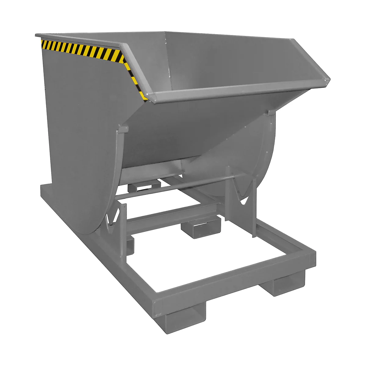Gray tipping container with black and yellow markings, on pallet frame.