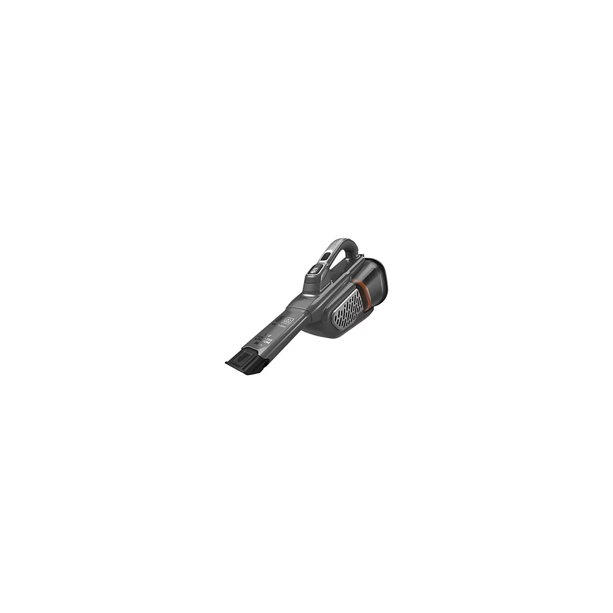 Draufsicht auf einen grauen, kabellosen Handstaubsauger. Die Oberseite hat einen Griff und eine Taste. Darauf steht "BLACK+DECKER".