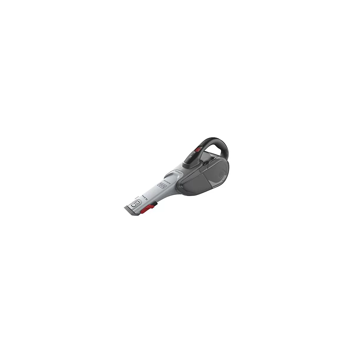 Grauer Black+Decker Akku-Handstaubsauger Dustbuster auf weißem Hintergrund.