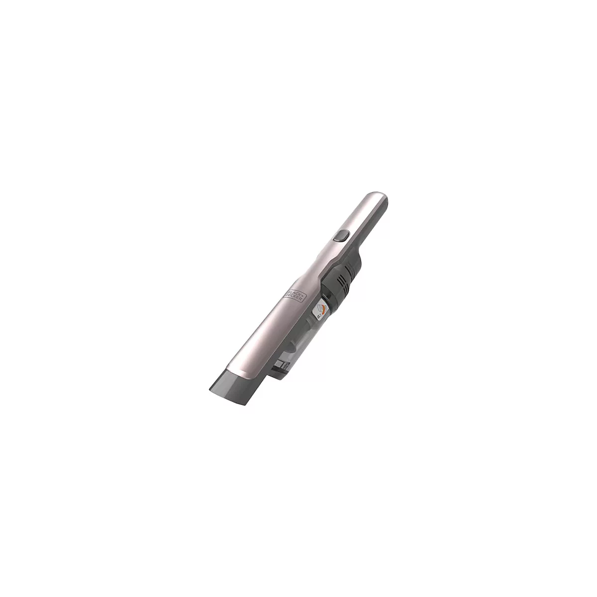 Schlanker, roségoldener Black+Decker Handsauger vor weißem Hintergrund.