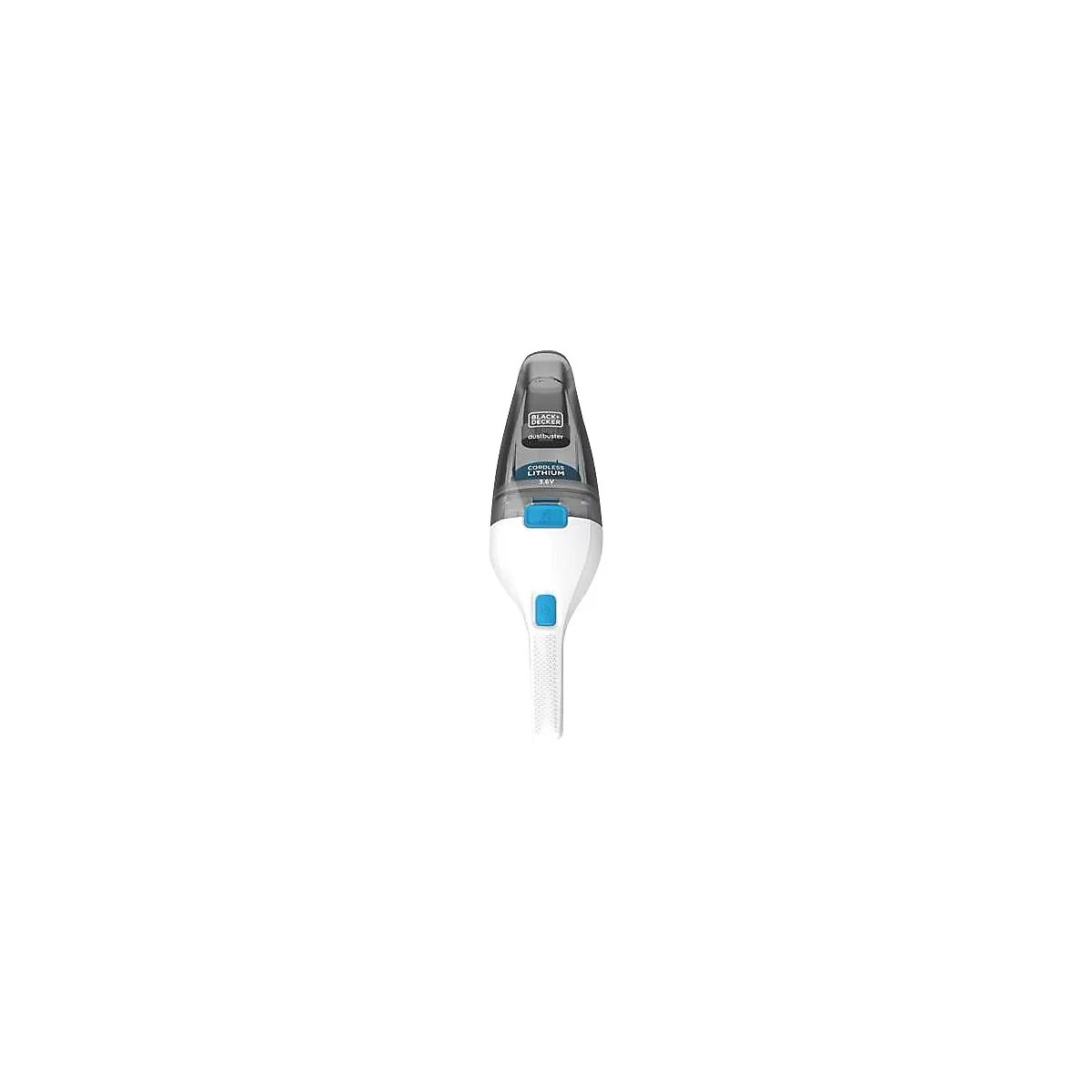 Weiß-grauer Black+Decker Dustbuster Handstaubsauger vor weißem Hintergrund.