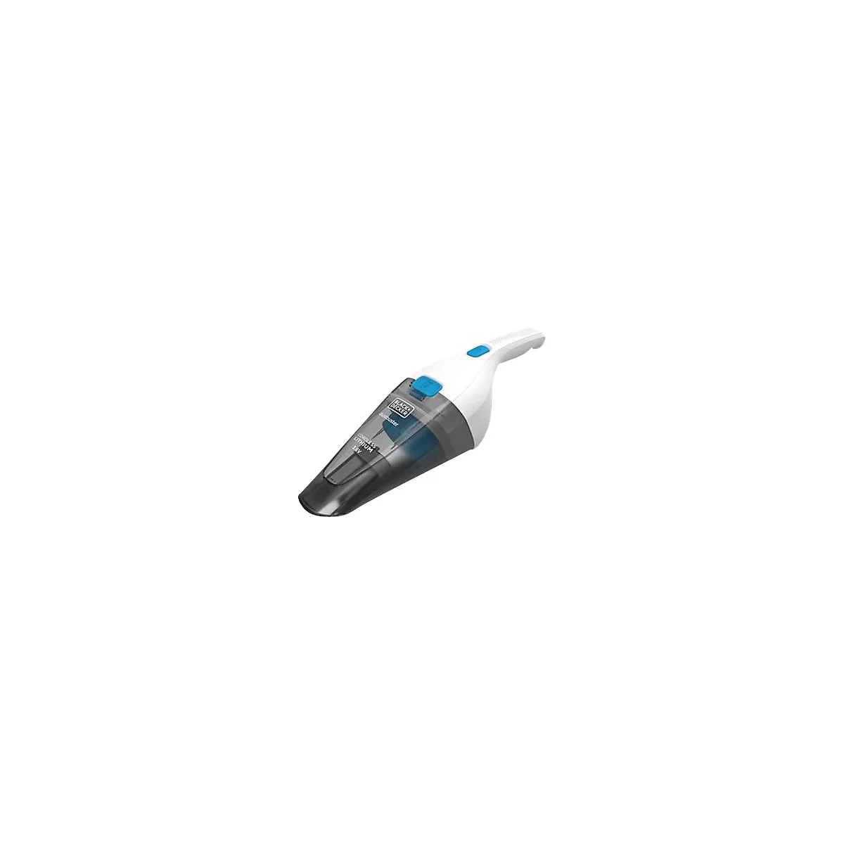 Weiß-schwarzer Black+Decker Dustbuster Handstaubsauger mit blauen Tasten auf weißem Hintergrund.