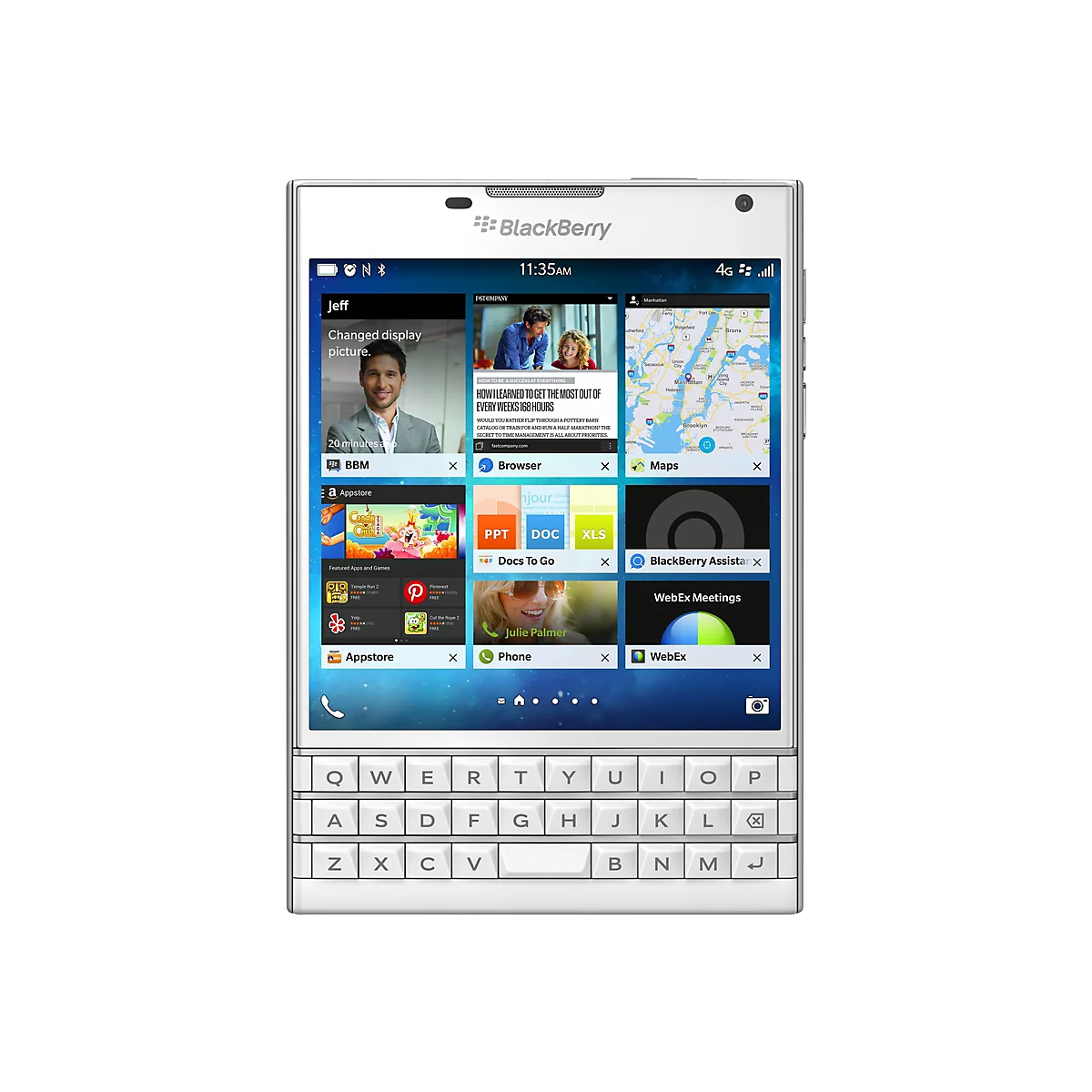 WeiÃŸes BlackBerry Smartphone mit physischer Tastatur, Display mit Apps und Uhrzeit.