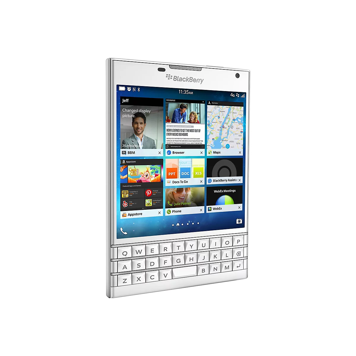WeiÃŸes BlackBerry-Smartphone mit Tastatur. Apps und Uhrzeit auf dem Bildschirm.