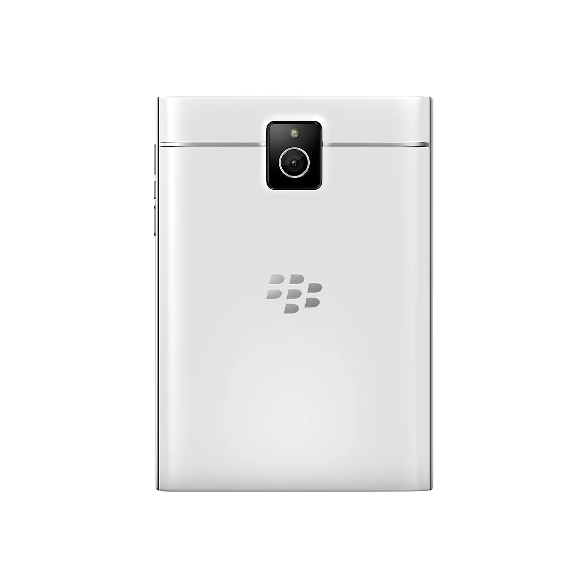 RÃ¼ckseite eines weiÃŸen Smartphones. Kamera oben, Blackberry Logo unten.