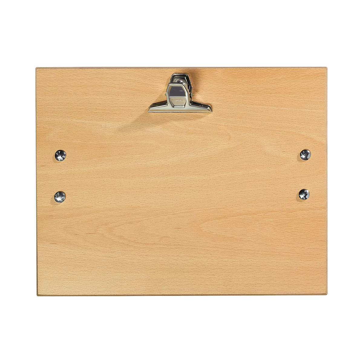 Light wood clipboard with metal clip and screws.