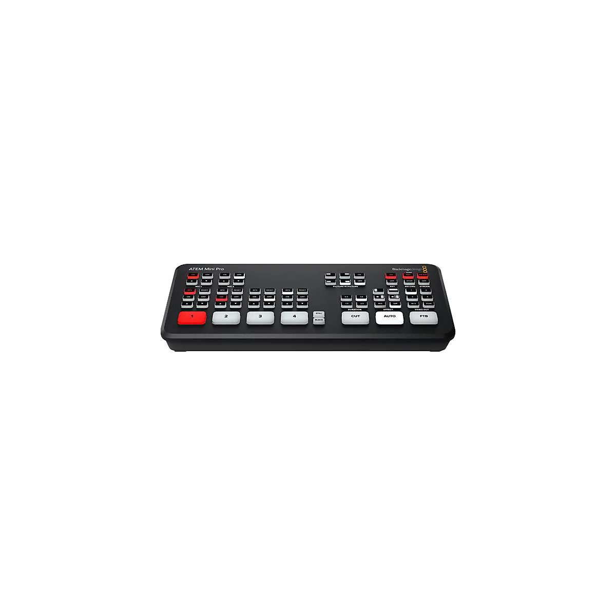 Schwarzes Blackmagic Design ATEM Mini Pro Mischpult mit beleuchteten Tasten auf weißem Hintergrund.