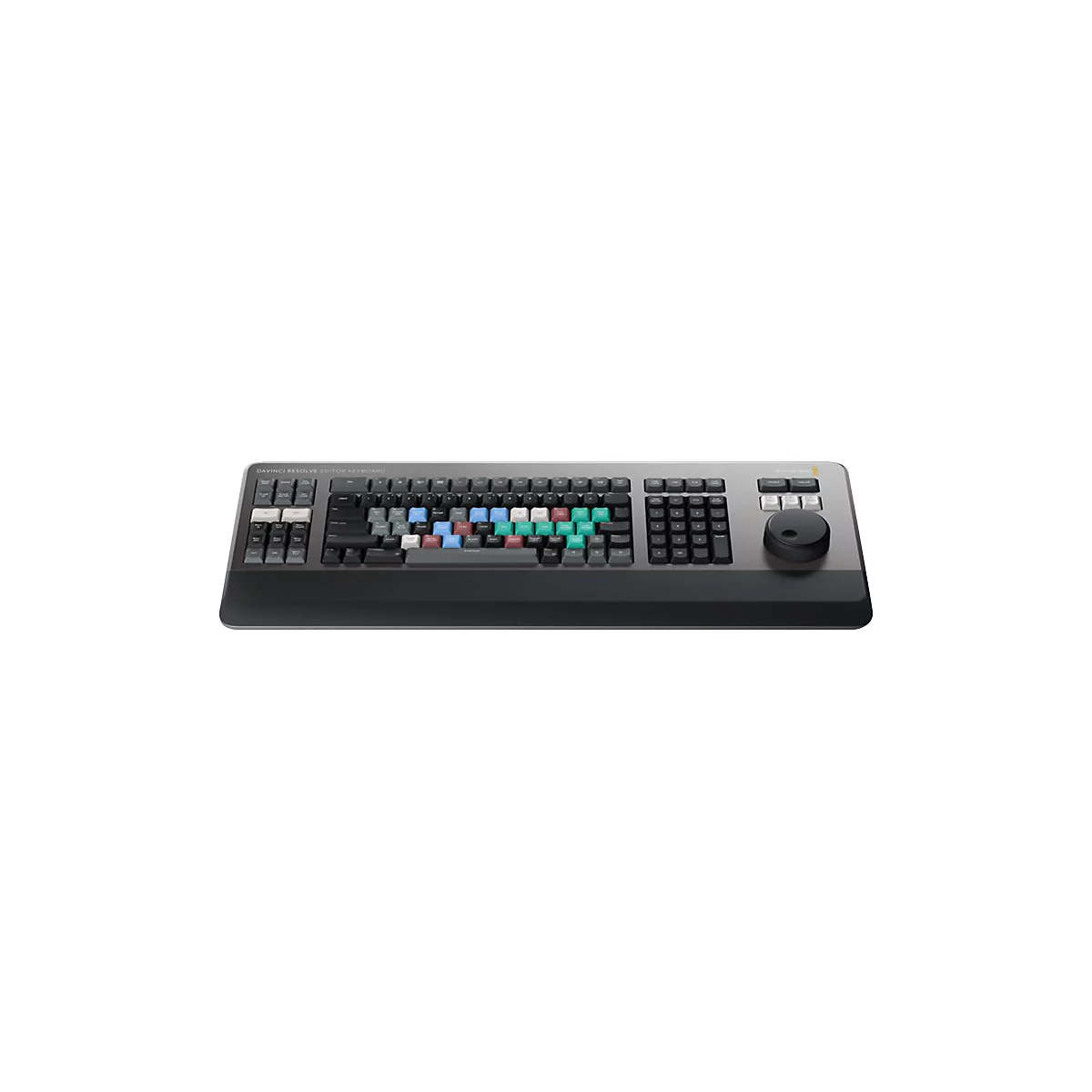 Schwarze DaVinci Resolve Editor Tastatur mit farbigen Tasten und integriertem Suchlaufregler auf weißem Grund.