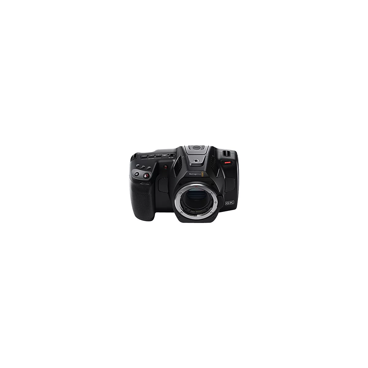 Schwarze Blackmagic Pocket Cinema Camera 6K, Frontansicht, vor weißem Hintergrund.
