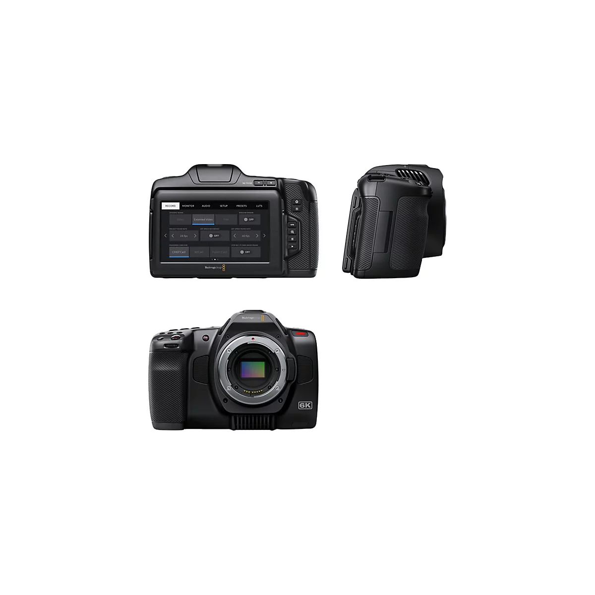 Drei Ansichten einer schwarzen Blackmagic Pocket Cinema Camera 6K mit Touchscreen-Menü und Sensor.
