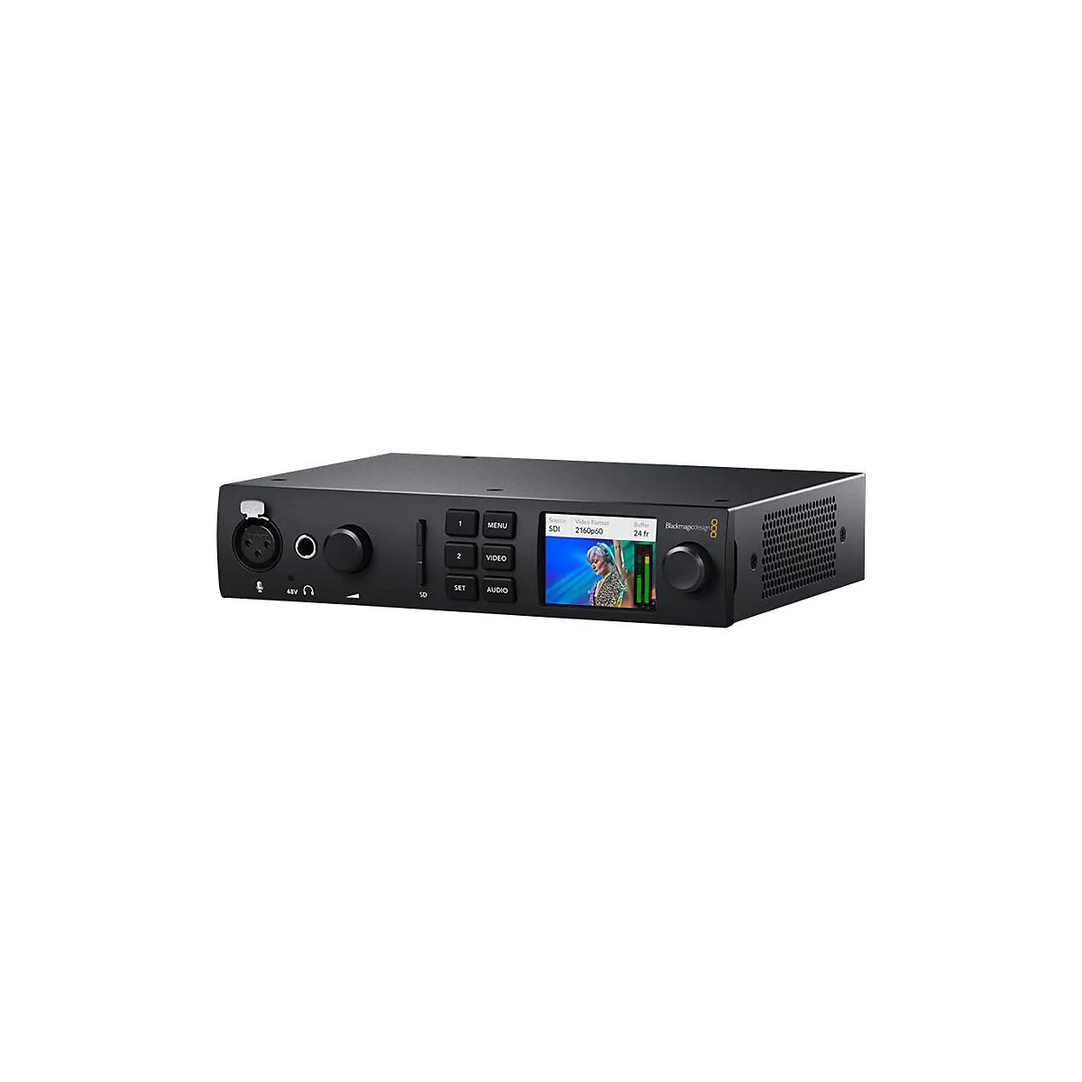 Schwarzes Blackmagic Design Gerät mit Display, Bedienelementen und XLR-Anschluss auf neutralem Hintergrund.