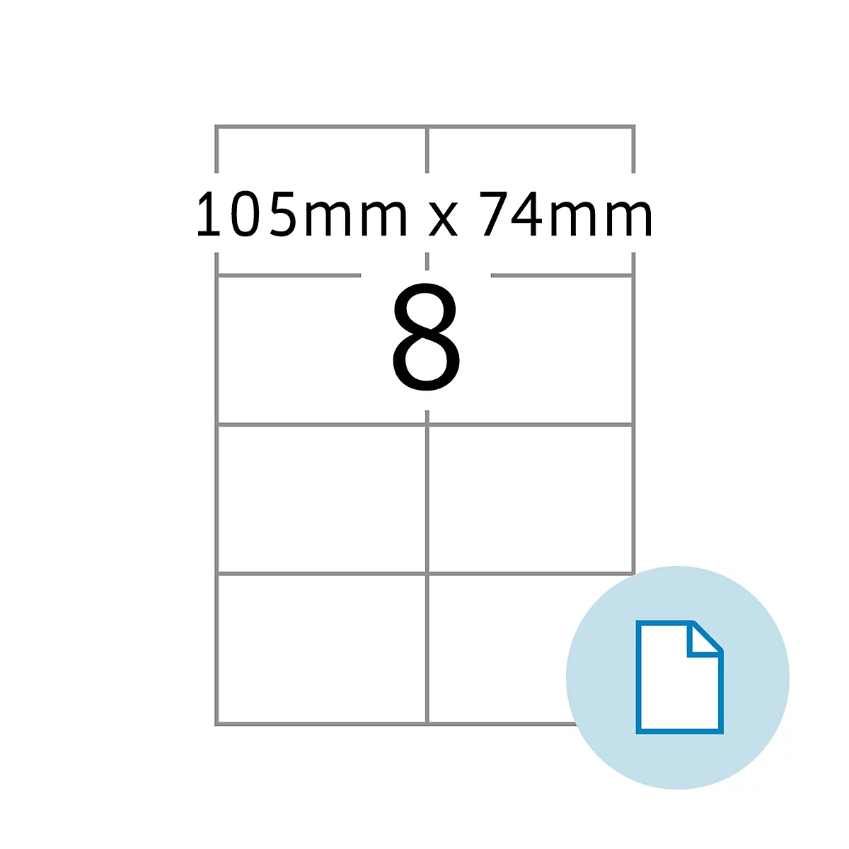 Sticker met 8 velden, afmetingen 105 mm x 74 mm. Blauwe knop met een document.