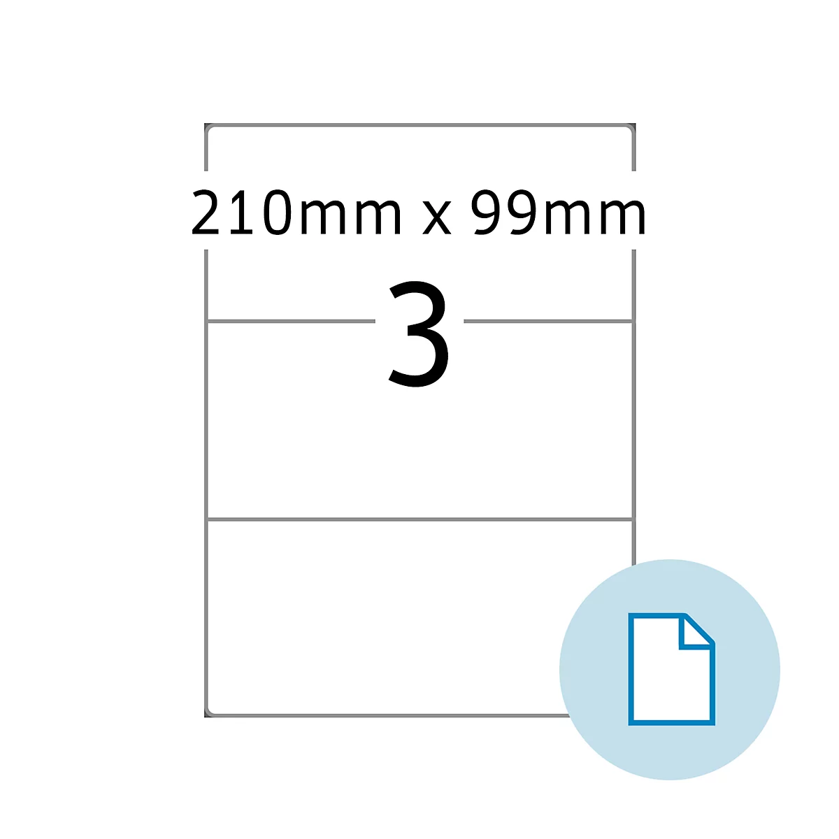 Etikett mit Aufdruck 3, Abmessungen: 210mm x 99mm. Blauer Kreis mit Dokumentensymbol.