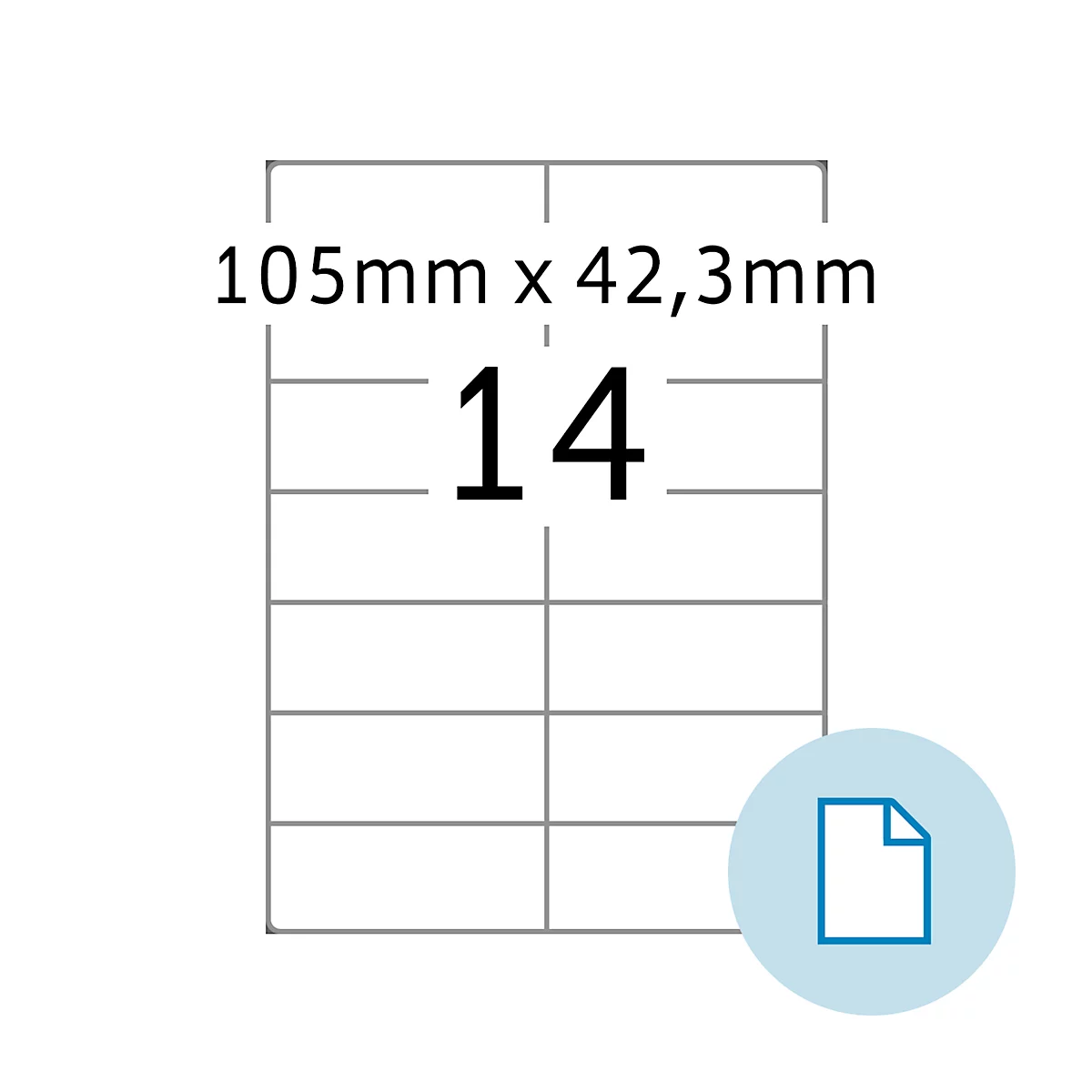 Aufkleber mit 14 Feldern, Maße 105 mm x 42,3 mm. Im unteren Bereich ein Icon für eine Datei.
