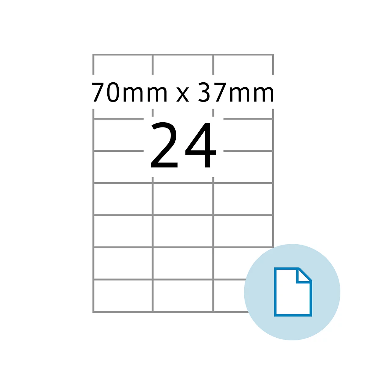 Aufkleber mit Raster, darauf die Zahl 24 und der Text "70mm x 37mm" sowie ein Dokument-Symbol.