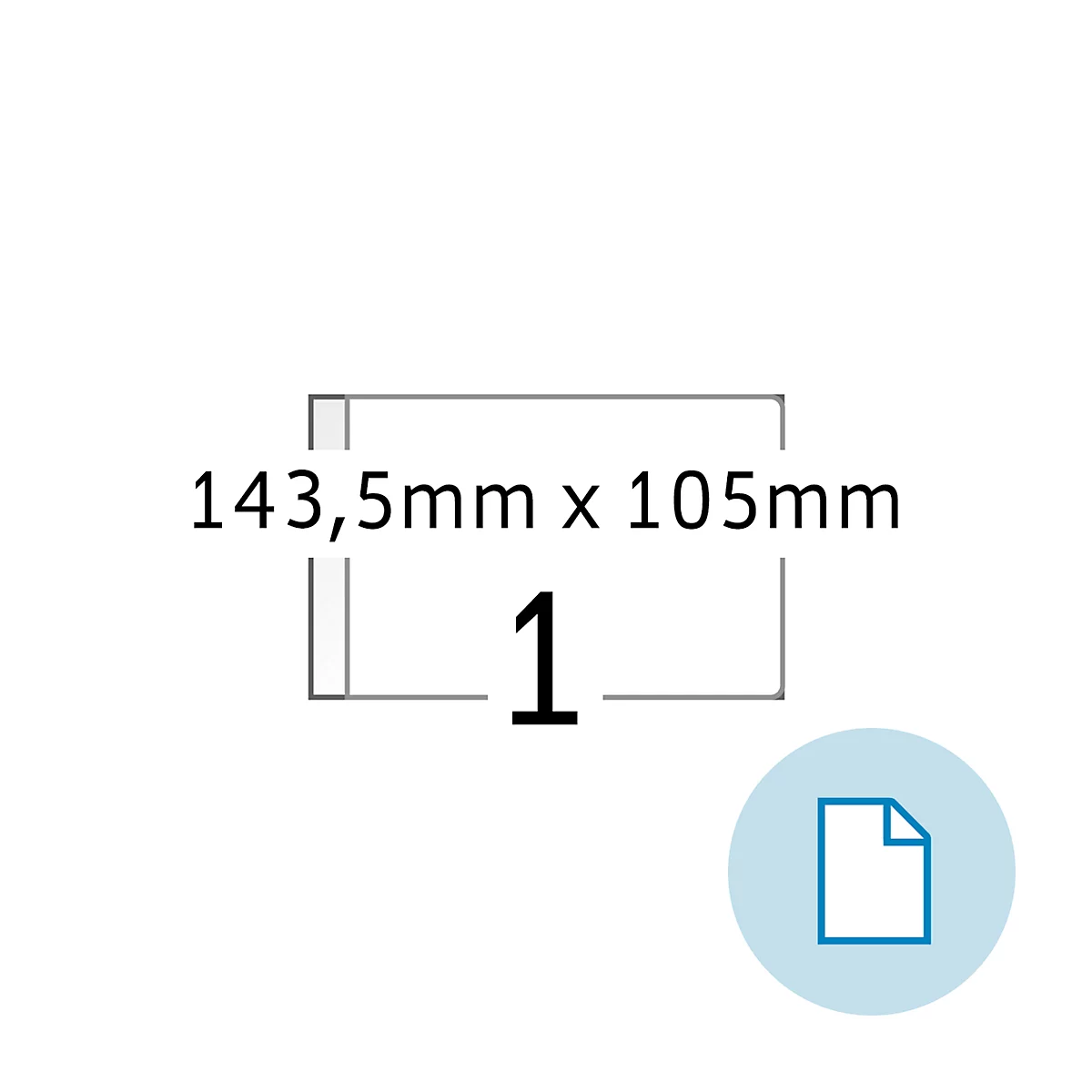 Rechteck mit Beschriftung "143,5 mm x 105 mm" und Zahl "1". Unten rechts rundes Symbol mit Dokument-Icon.